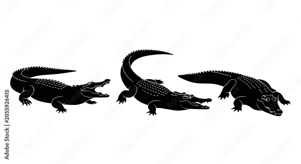 Naklejka premium Three black alligators in profile.