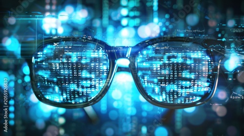 Futuristic Digital Glasses Reflecting Data and Code in Blue Light