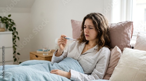 Sick young woman in striped pajamas sitting in bed and looking worriedly at a digital thermometer while checking her fever at home