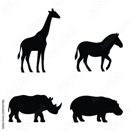 Canvas Print African animals set — giraffe, zebra, rhino, hippo icon Silhouette Vector black