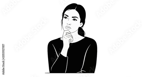 Minimalist black and white vector illustration of a young woman with dark hair tied back, posing with her hand on her chin while looking thoughtfully to the side against a white background.