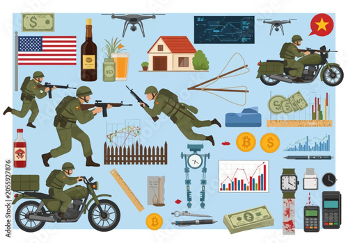 Vector illustration set featuring American infantry soldiers, military motorcycles, surveillance drones, US flag, financial market charts, Bitcoin, cash, and various technology icons.