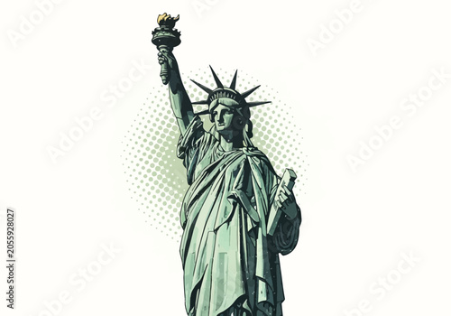 Graphic illustration of the Statue of Liberty isolated on a white background, featuring a halftone dot circular pattern and distressed texture in a green and teal comic book style.