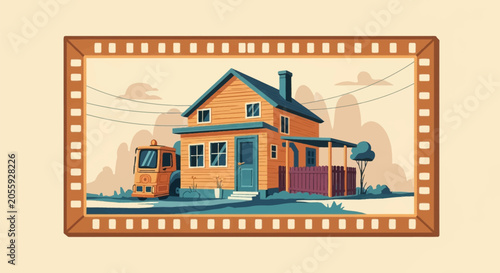 Minimalist flat vector illustration of a two-story orange wooden house with a blue door, chimney, and picket fence, featuring a small orange vehicle inside a film strip frame.