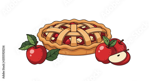 Vector illustration of a baked apple pie with a lattice top crust and red fruit filling, flanked by whole red apples with green leaves and a sliced apple on a white background.
