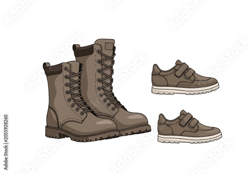 Illustration of a pair of brown leather military combat boots with laces next to a pair of small brown children's sneakers with velcro straps on a white background.