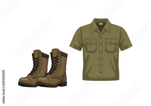Vector illustration of a military uniform set including a short-sleeve olive green tactical shirt with buttoned pockets and a pair of brown lace-up combat boots on white background.