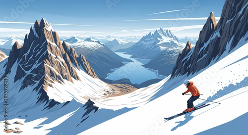 Vector illustration of a single downhill skier in an orange jacket descending a steep snow-covered mountain slope with jagged rocky peaks and a blue glacial lake in the valley.
