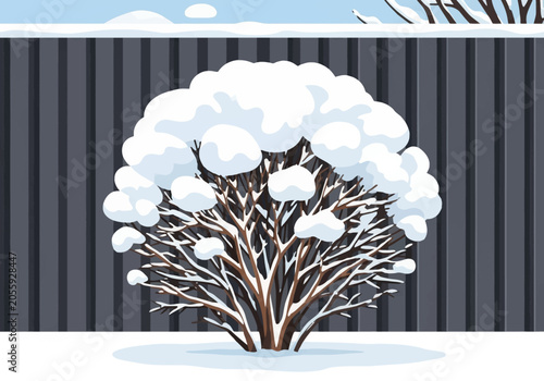 Vector illustration of a snow-covered winter shrub with bare branches and thick white snow caps positioned in front of a dark grey vertical slat fence in a cold garden setting.