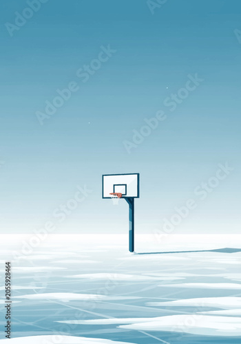 Minimalist vector illustration of a solitary basketball hoop with a white backboard and orange rim standing in a vast frozen arctic landscape under a clear blue sky with stars.