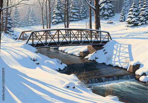 Vector illustration of a metal pedestrian bridge crossing a flowing stream in a snowy forest during winter with long shadows on snow, evergreen pine trees and a small waterfall.
