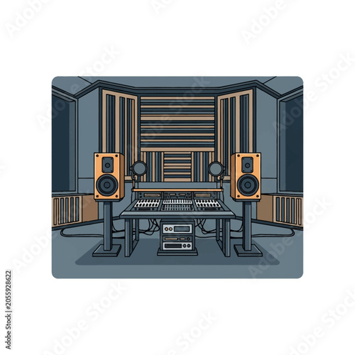 Vector illustration of a professional music recording studio featuring a mixing console desk, two large monitor speakers on stands, acoustic foam wall panels, and audio rack gear.