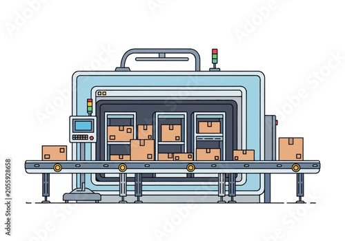 Industrial automated conveyor belt system with cardboard boxes moving through a sorting machine in a warehouse facility for distribution and logistics, flat vector illustration.