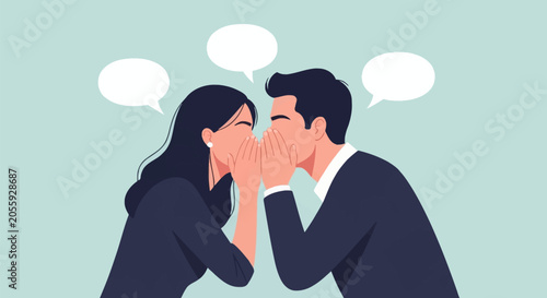Vector illustration of a man and a woman whispering to each other, hands cupped to mouths, featuring three empty speech bubbles for text on a light blue background.