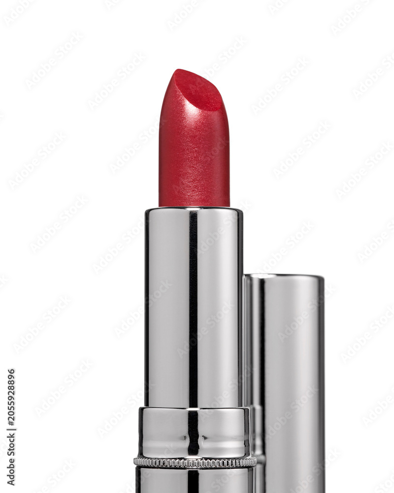 Obraz premium Red metallic lipstick tube with silver cap and isolated on transparent background