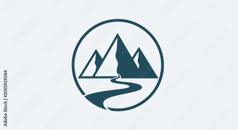 Fototapeta premium Minimalist Mountain Range Logo Design with Winding River Icon