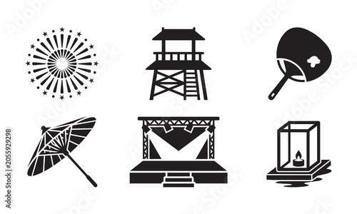 Six black silhouette icons depicting various traditional Japanese festival elements