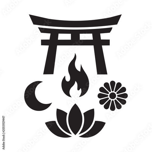 Various symbolic Japanese icons including a torii gate, flame, moon, and flowers