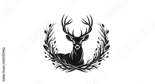 Photography Minimalist Stag Deer Silhouette with Floral Laurel Wreath Vector Graphic