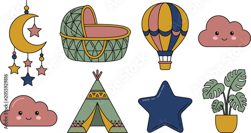 Bild auf Leinwand Boho Nursery Decor and Baby Room Vector Icon Set with Moon Mobile Moses Basket H