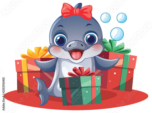 Cute Cartoon Dolphin with Red Bow and Colorful Gift Boxes Vector Illustration
