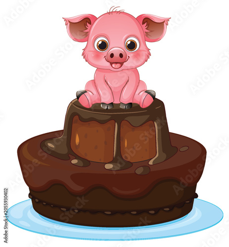 Cute Cartoon Pink Piglet Sitting on a Two Tier Chocolate Cake