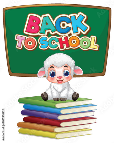 Cartoon Lamb Sitting on Stack of Books with Chalkboard Background