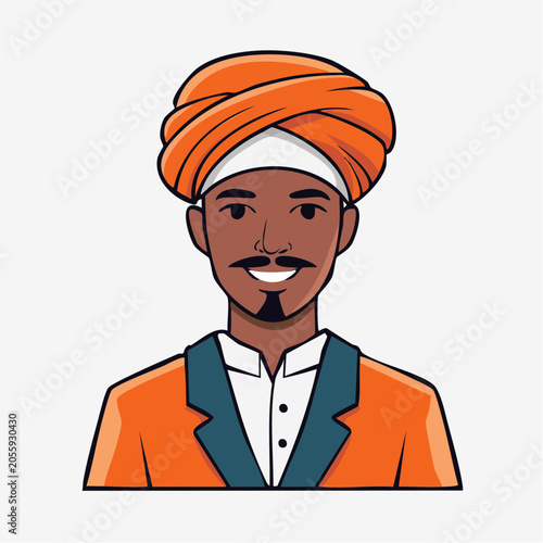Cartoon Man Wearing Orange Turban and Suit