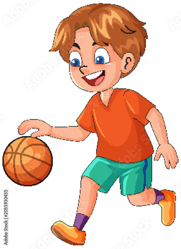 Happy Young Boy Dribbling a Basketball in a Vibrant Vector Illustration