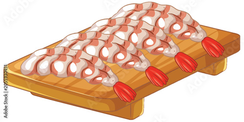 Fresh Raw Peeled Shrimp Arranged on a Wooden Cutting Board