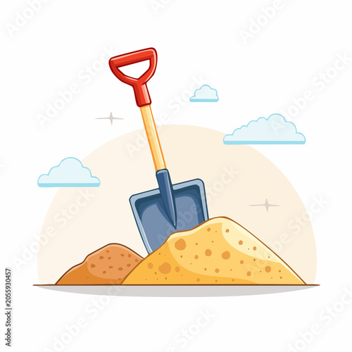 Cartoon Shovel Stuck in Sand Pile with Clouds