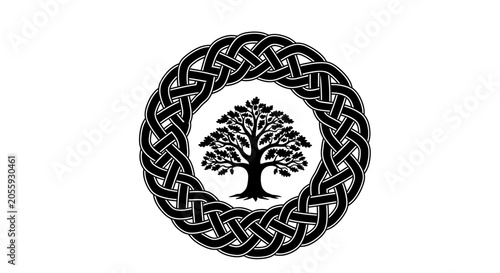 Foto Black and White Celtic Knot Circle with Oak Tree Symbol