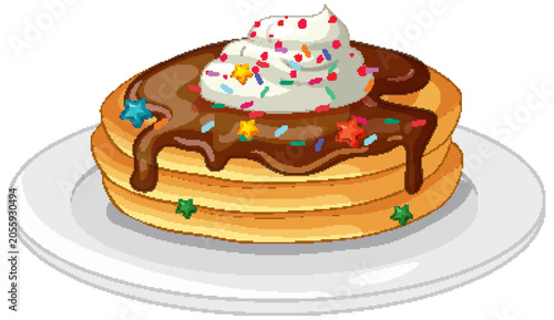 Stack of Pancakes with Chocolate Sauce Whipped Cream and Sprinkles