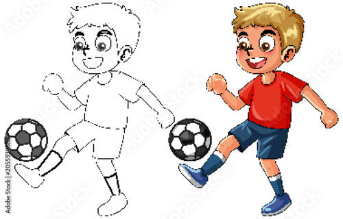 Cartoon Boy Playing Soccer Vector Illustration with Line Art Version