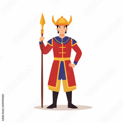 Illustration of a Warrior in Traditional Asian Armor Holding a Spear
