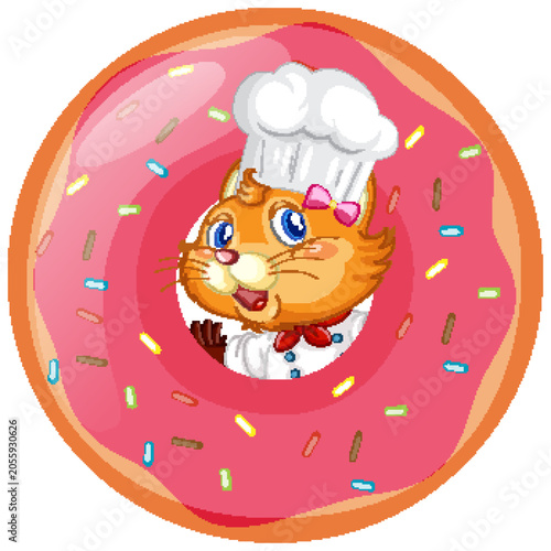 Cute Cartoon Cat Chef Peeking Through a Pink Glazed Donut