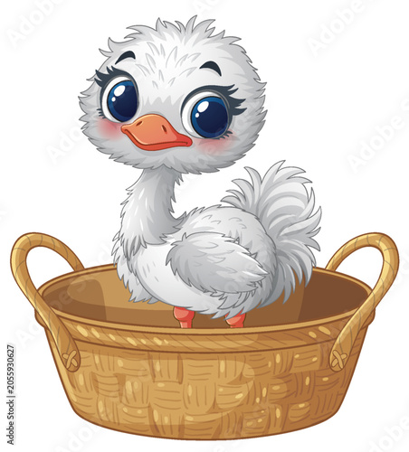 Cute Cartoon Baby Ostrich Sitting Inside a Woven Wicker Basket