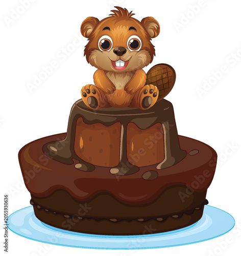Cute Cartoon Beaver Sitting on a Two Tier Chocolate Cake Illustration