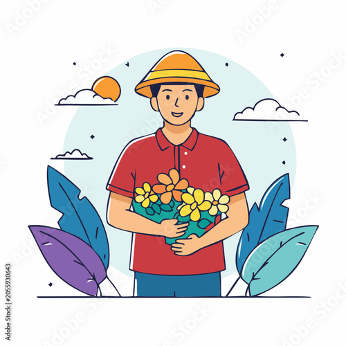 Man in Hat Holding Flowers