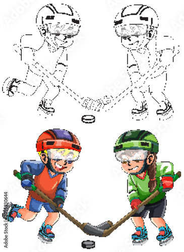 Canvas Print Cartoon Boy and Girl Playing Ice Hockey Vector Illustration Set
