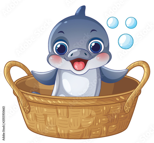 Cute Cartoon Baby Dolphin Sitting Inside a Woven Wicker Basket