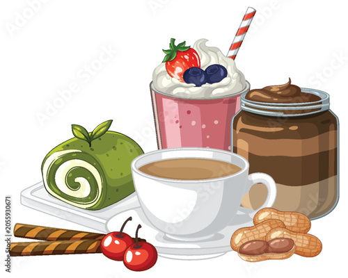Assorted Sweet Desserts with Coffee and Matcha Roll Cake Illustration