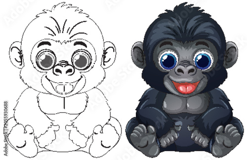 Cute Baby Gorilla Vector Illustration in Color and Line Art