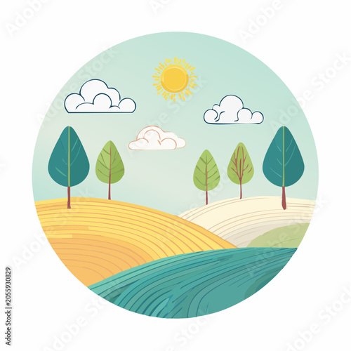 Stylized Landscape with Rolling Hills, Trees, and Sun