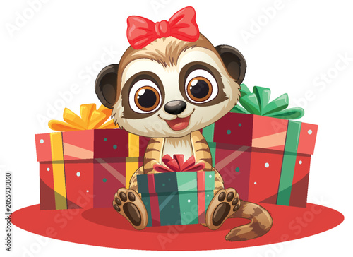 Cute Cartoon Meerkat Character with Red Bow and Christmas Gift Boxes