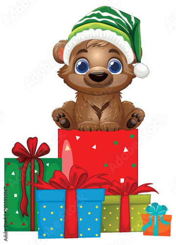 Cute Cartoon Baby Bear Wearing Green Hat Sitting on Christmas Gifts
