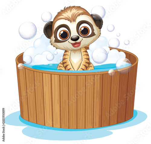 Cute Cartoon Meerkat Taking a Bubble Bath in a Wooden Tub