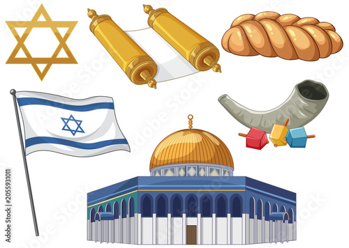 Collection of Traditional Jewish Symbols and Cultural Icons Vector Illustration