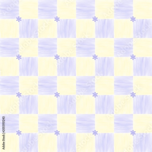 Pastel watercolor checkerboard seamless pattern with small purple flowers for aesthetic fashion and accessories.