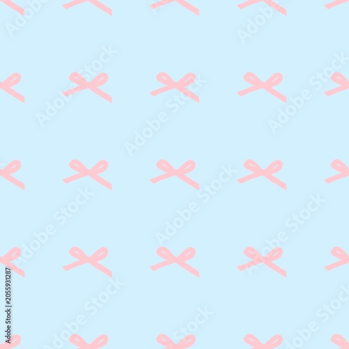 Cute seamless pink bows pattern on light blue background for baby wear and coquette aesthetic product design.